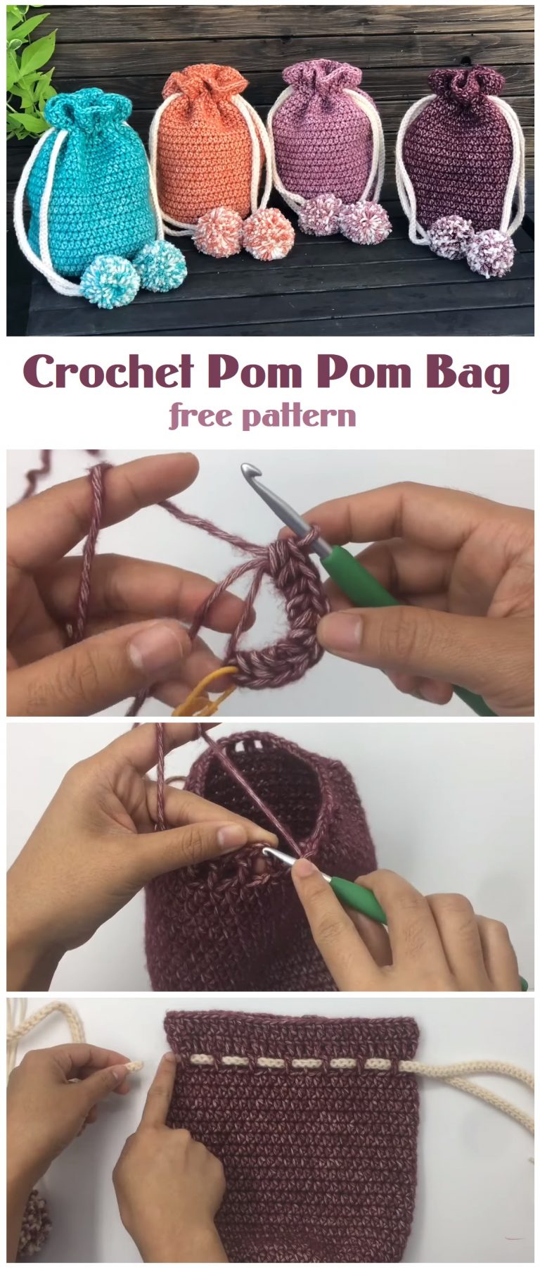 Crochet Pom Pom Bag Free Pattern Tutorials & More